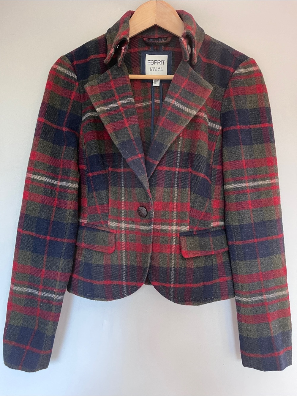 Esprit Vintage Plaid Wool Blend Blazer 90s Y2K Tartan Red Green Navy